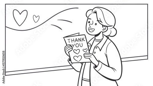 Happy Teacher Holding Thank You Card Illustration. Black and white line art depicting gratitude and appreciation in education.