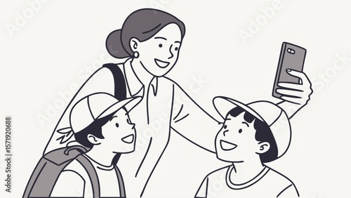 Happy adult taking photo of two smiling children with smartphone. Family moment illustration.