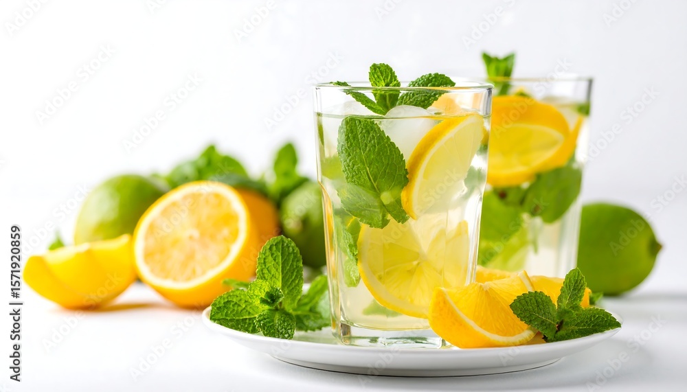 Fototapeta premium Refreshing lemon-lime drinks with ice and mint