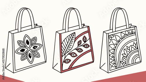 Three Hand-Drawn Outline Tote Bags with Floral, Leaf, and Mandala Patterns. Eco-Friendly Shopping Bag Illustrations.