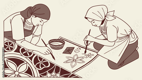 Traditional Craftswomen Hand-Painting Intricate Folk Art Patterns on Fabric