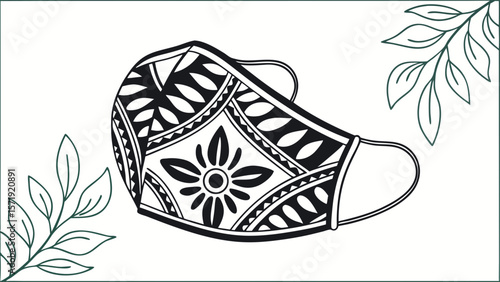 Black and White Patterned Face Mask Illustration with Decorative Floral and Geometric Motifs