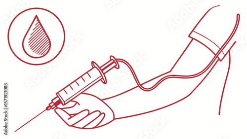 Medical Blood Draw Procedure. Illustration of Syringe and Arm for Blood Donation or Test. Healthcare Concept.