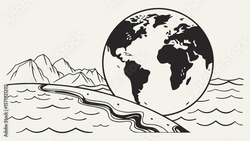 Polluted Earth Globe with Flowing Contaminant and Mountains. Environmental Degradation Line Art.