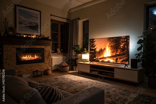 Wallpaper Mural Cozy Living Room with Fireplace and Large TV Screen Showing a Fiery Forest Scene at... Torontodigital.ca