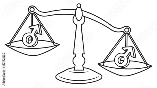 Unbalanced scale with male gender symbols, representing inequality and disparity concept