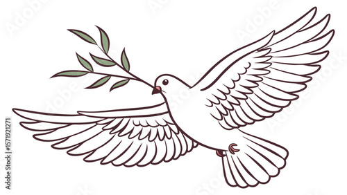 White Dove Flying with Olive Branch - Symbol of Peace, Hope, and Freedom Illustration