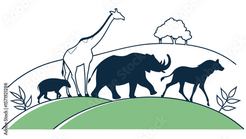 Stylized African Wildlife Group Walking on Green Hills – Nature Conservation Illustration
