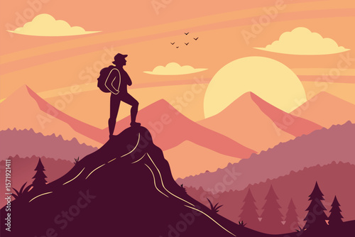  Mountain Sunset Silhouette with Hiker - Inspirational Landscape Vector