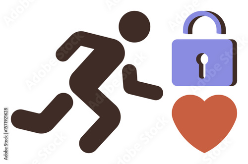 Person in motion heading toward a heart and padlock. Ideal for health, motivation, security, love, striving goals, personal growth, and simple flat metaphor
