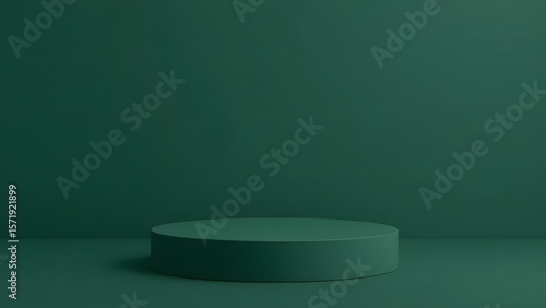 Minimalist dark green cylinder podium on a matching background for product display