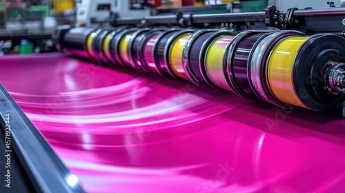 Industrial printing machine applying vibrant pink ink