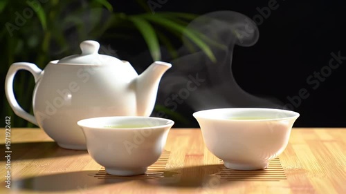 Wallpaper Mural Elegant White Ceramic Teapot and Two Cups Emitting Steam on Bamboo Mat with Plant Shadows Against a Dark Background Torontodigital.ca