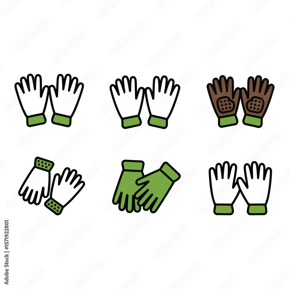 Obraz premium Collection of Six Colorful Glove Icons Flat Design Green Accents Work and Gardening Themes
