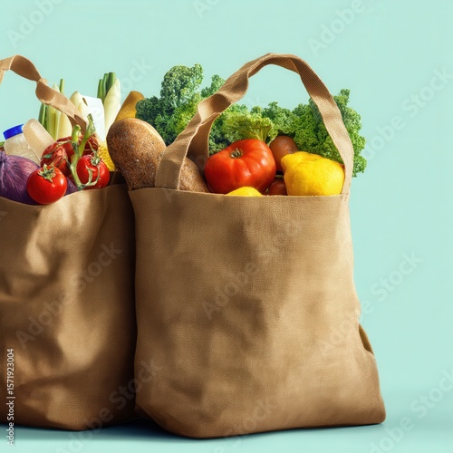 Two brown reusable grocery bags are filled with fresh produce against a blue background