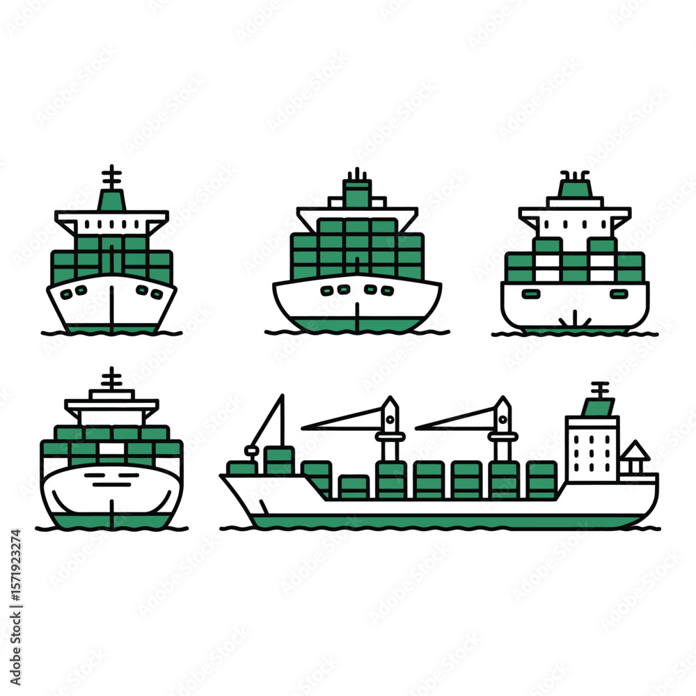 Obraz premium Container Ship Icons Green and White Line Art Graphics for Shipping and Logistics