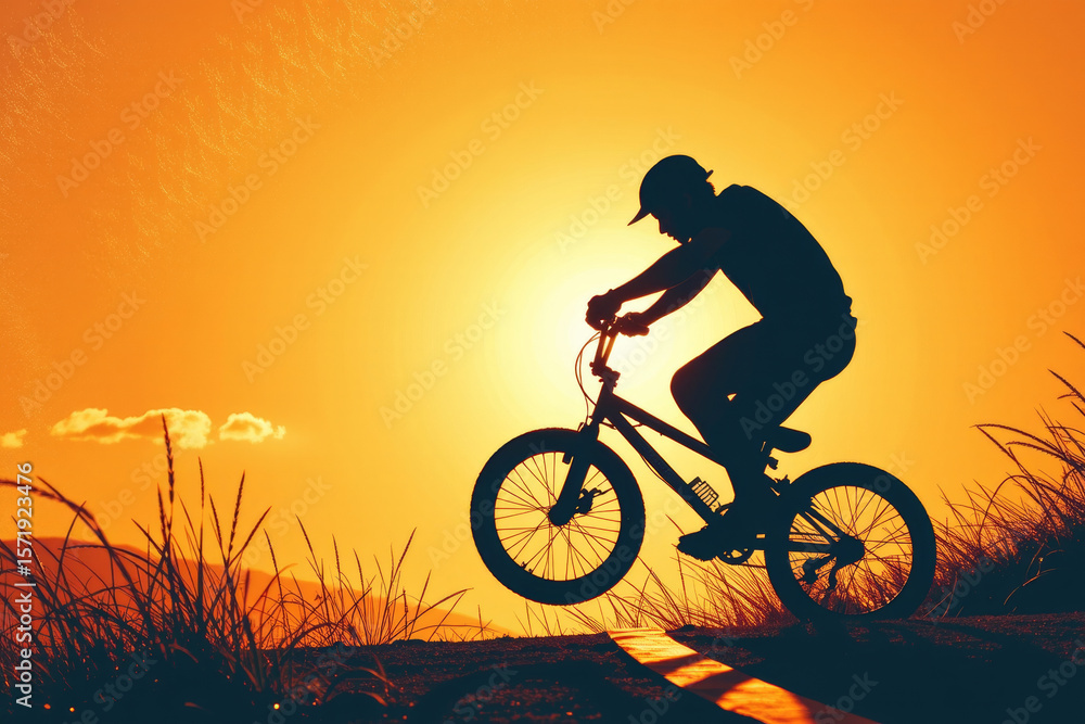 Fototapeta premium Cyclist performs jump against vibrant sunset backdrop