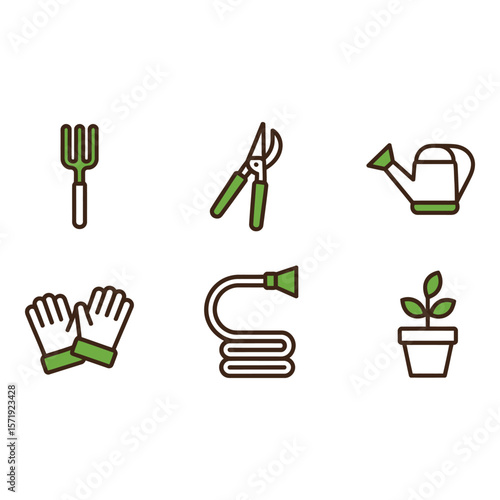Gardening Icon Set Flat Design Green Accents Spring Mood Simple Line Art Vector Graphics Agricultural Tools Plant Growth