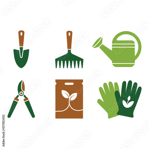 Gardening tools icons shovel rake watering can secateurs seed packet gloves flat design green and brown spring mood
