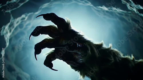 Menacing Dark Monster Claw Reaching Upward in a Softly Lit Cavernous Environment with Cool Blue Tones and Texture