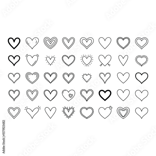 Hand drawn Doodle Heart Icons Cute Romantic Black and White Vector Set for Valentine s Day Wedding or Love Designs