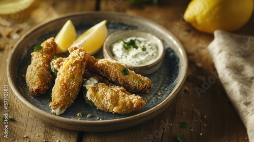 Fried zucchini flowers stuffed with cheese are served with lemon and dipping sauce