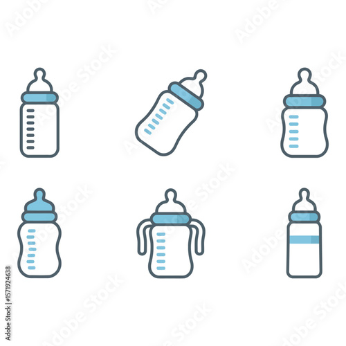 Set of Six Baby Bottle Icons Flat Design Pastel Blue and White Modern Style