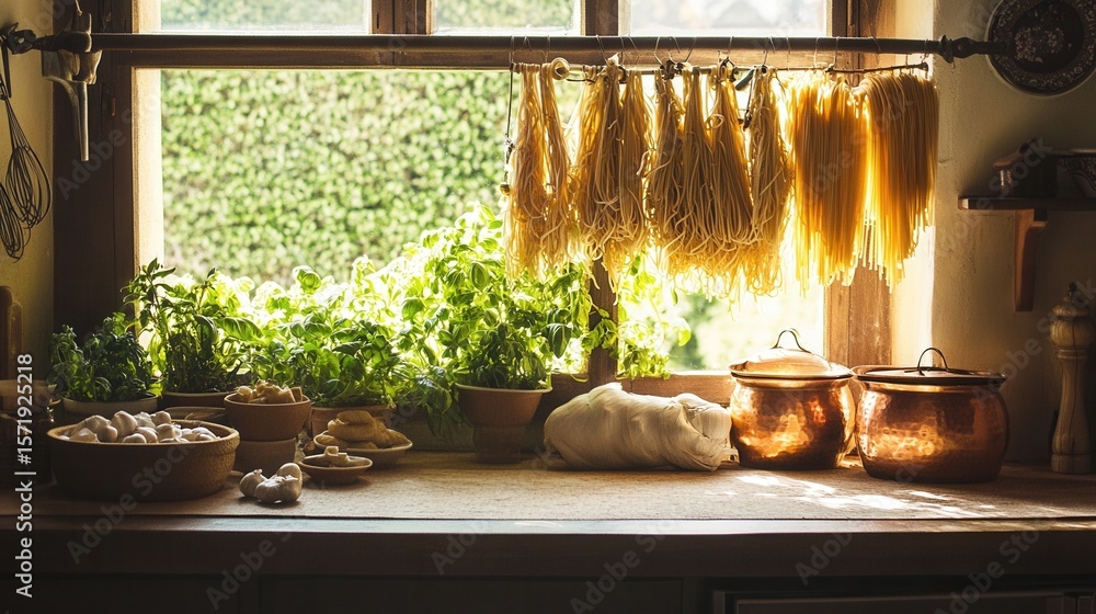 Obraz premium Sunlight streams through a window in a rustic kitchen with hanging pasta