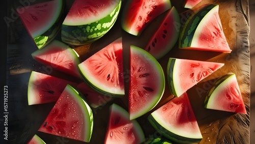 Close-up of juicy watermelon slices on a rustic wooden cutting board, natural lighting