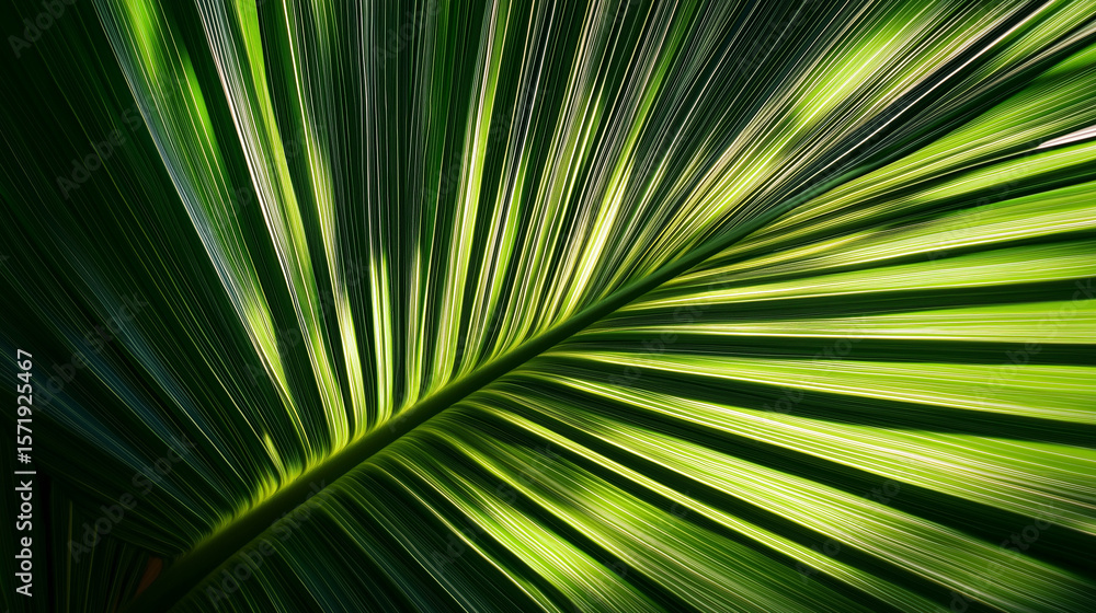 Fototapeta premium Green Licuala Orbicularis palm leaf with light and shadow on surface in dark tone style, Natural foliage background 