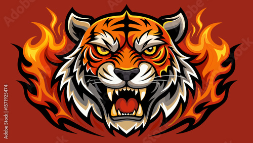 Fierce tiger head roaring with flames illustration