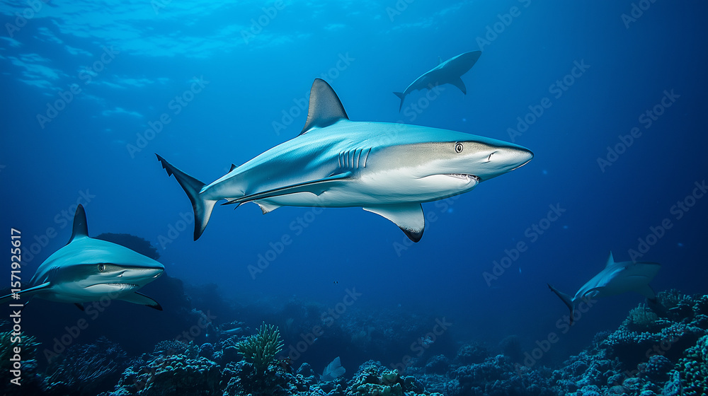 Fototapeta premium Grey reef sharks in blue water