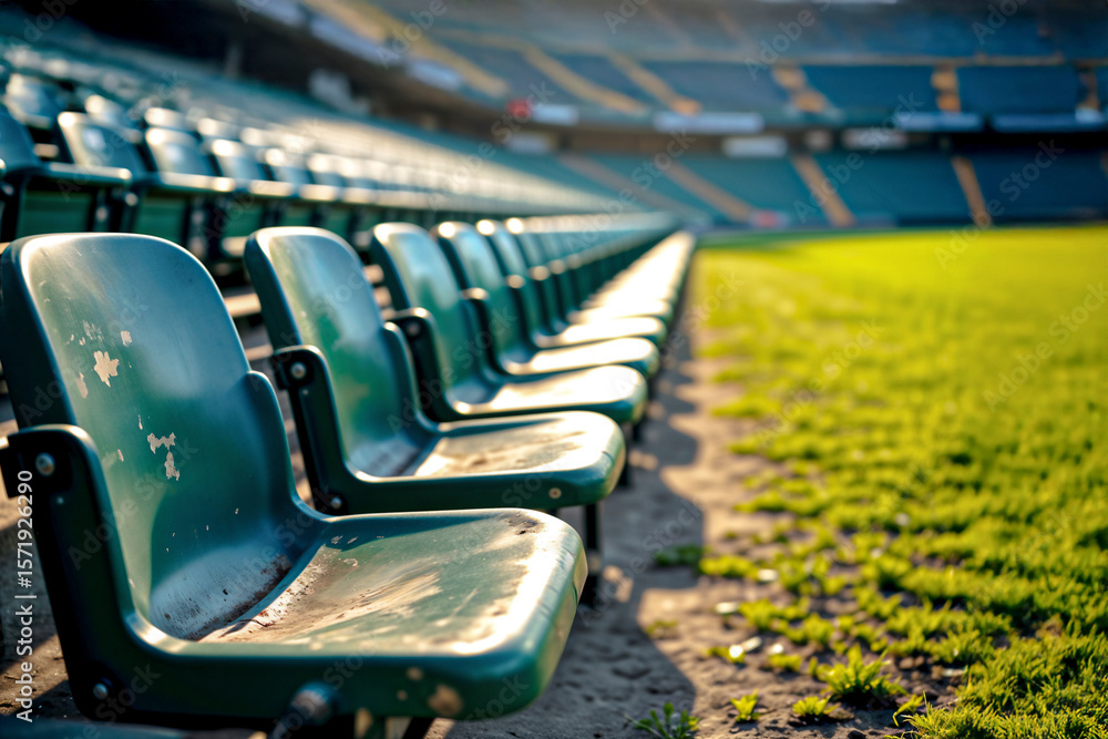 Fototapeta premium Close-up of worn, empty stadium seats in warm sunlight. A nostalgic image of waiting, past memories, and the anticipation for the next season.