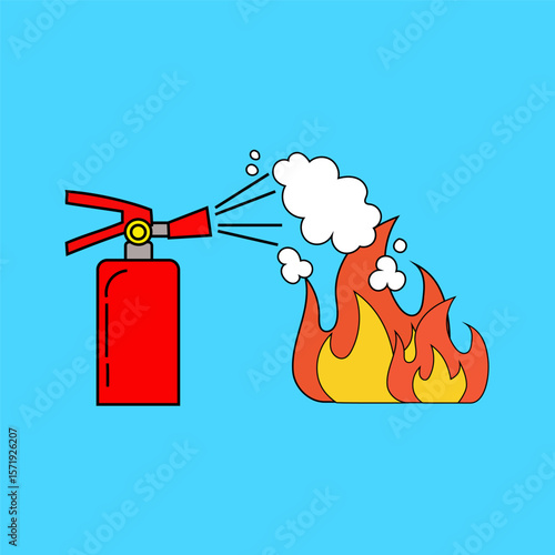 Fire extinguisher action. Flame suppression illustration. Safety equipment vector. Emergency fire fighting.