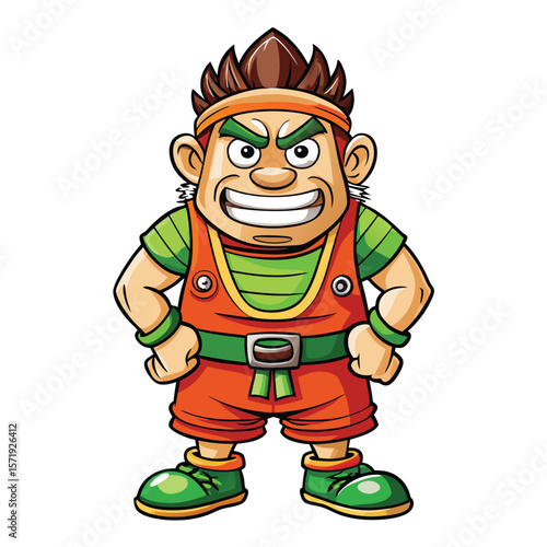 Cartoon character, confident stance, and determined expression