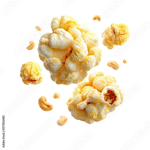Caramel popcorn kernels and scattered crumbs on clean white background. Floating snack composition with golden highlights. Sweet reward and joyful indulgence concept. For food ads, packaging