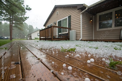 Hailstorm Damage on Wooden Deck: After the Storm, Ice and Rain on Home Patio