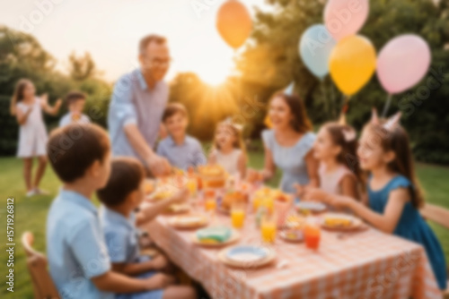 A blurry photo of a family having a birthday party in their yard in the afternoon, it looks cheerful and there is a sunset.