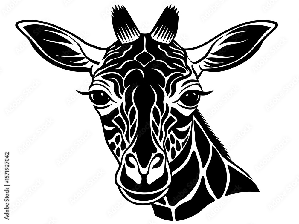 Stylized black and white giraffe head portrait with intricate tribal patterns Stylized black and white giraffe head portrait with intricate tribal patterns