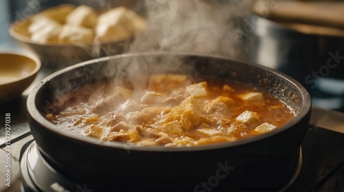 A steaming bowl of sundubu jjigae is served in a traditional korean restaurant