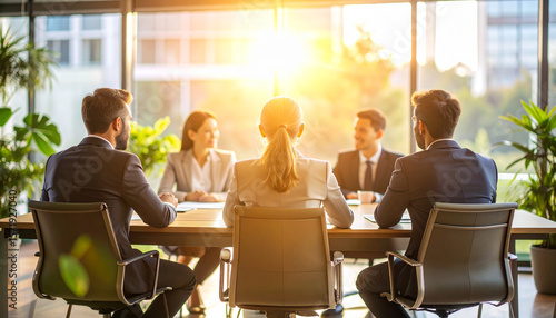 Business Team Meeting in Modern Office at Sunrise, Rear View with Warm Natural Light – AI Generated