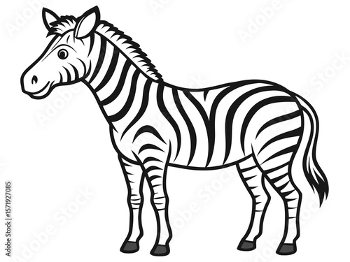 Stylized black and white cartoon zebra standing profile view isolated on white background