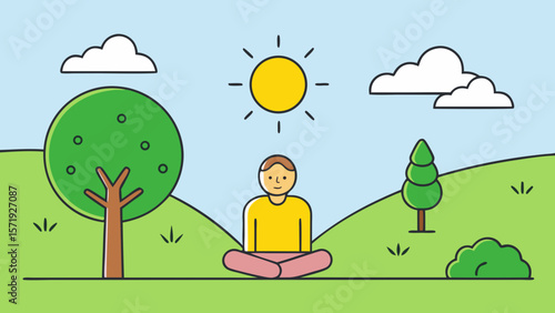 Man meditating peacefully outdoors in a green landscape under the sun