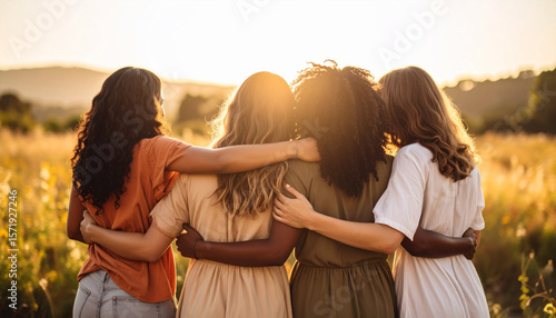 Diverse Women Embracing in Field at Sunset, Rear View of Friendship and Unity – AI Generated