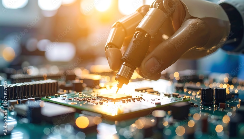 Obraz premium Robotic hand working on circuit board