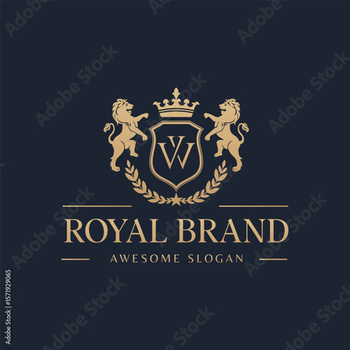 Lion heraldry modern style with a shield and crown logo template Premium Vector