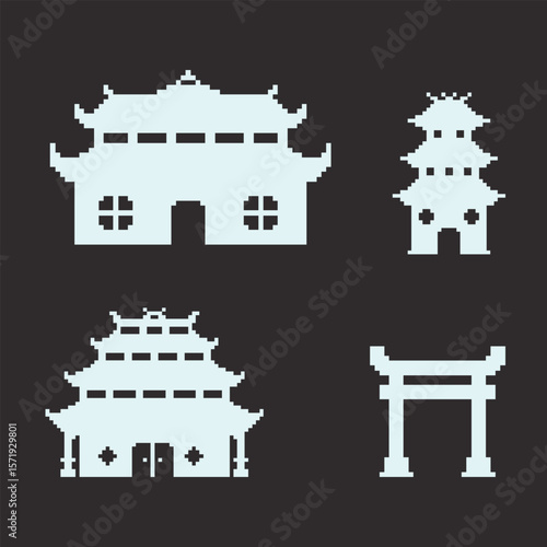 this is chinese architecture icon set in pixel art with white color and black background this item good for presentations,stickers, icons, t shirt design,game asset,logo and your project.