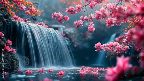 Serene waterfall cascading through vibrant pink blossoms in a tranquil garden setting