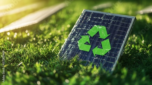 A solar panel with a green recycling symbol rests on vibrant grass under sunlight, symbolizing renewable energy and environmental sustainability.