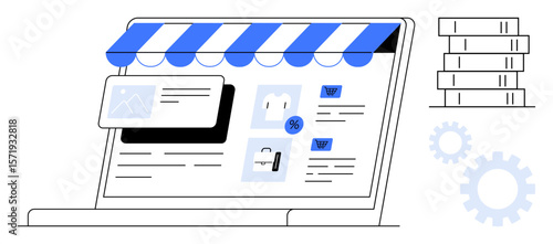 Laptop with a striped storefront awning displaying product listings, discount tags, a shopping cart icon, and image previews. Stacked coins and gears represent ecommerce setup. Ideal for ecommerce